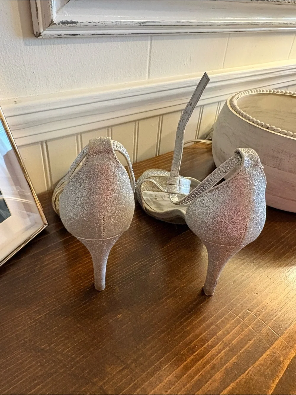 Silver Slipper® Glitter Ankle-Strap Heels in Silver
